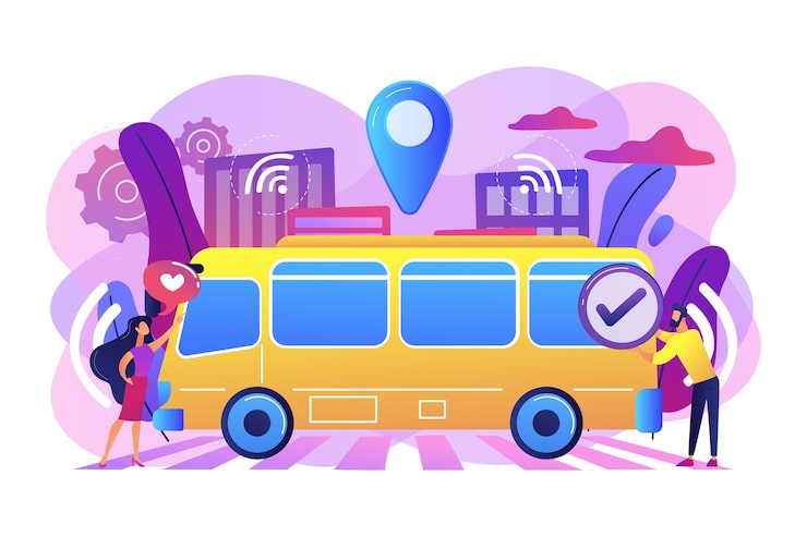 Vector Gratis penumpang menyukai dan menyetujui ilustrasi bus tanpa pengemudi robot otonom