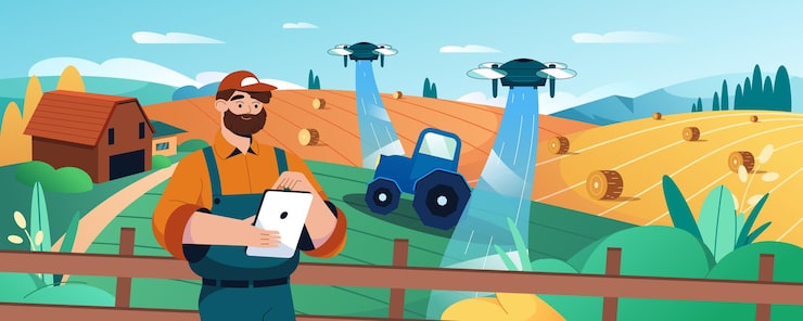 Vector Gratis petani menggunakan drone robot untuk irigasi lahan pertanian