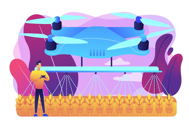 Vector Gratis petani pintar mengendalikan drone pertanian yang menyemprot atau menyiram tanaman. penggunaan drone pertanian, pertanian presisi, konsep tren pertanian baru. ilustrasi terisolasi ungu cerah cerah