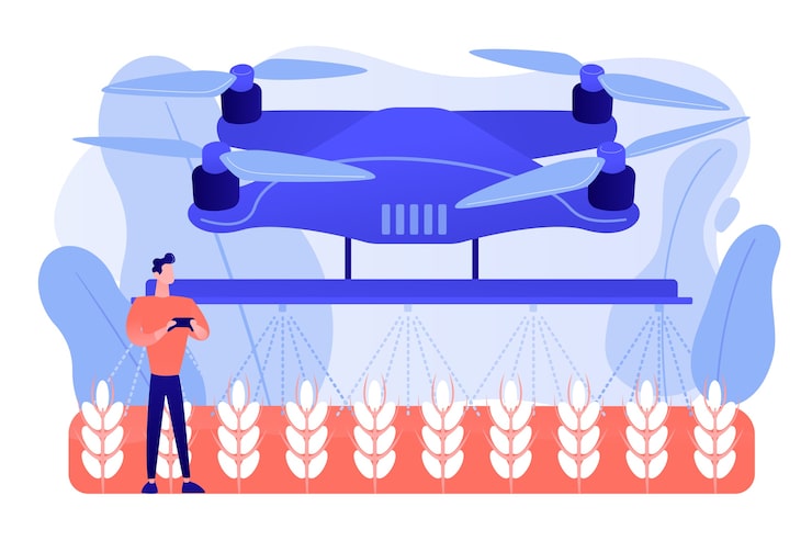 Vector Gratis petani pintar mengendalikan drone pertanian yang menyemprot atau menyiram tanaman