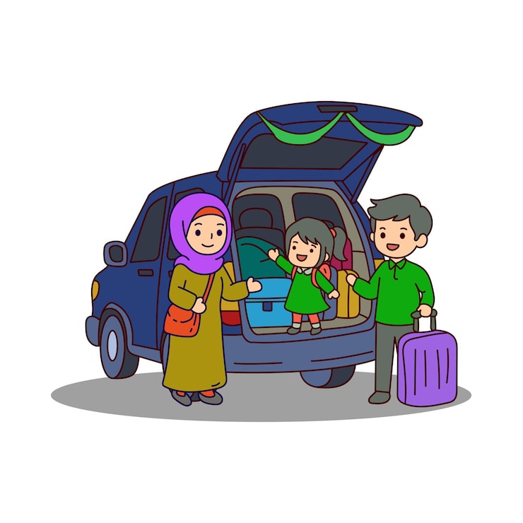 Vector Gratis petualangan keluarga bepergian bersama dengan koper di minivan