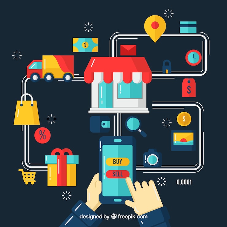 Vector Gratis ponsel, pembelian, dan jaringan dengan desain datar