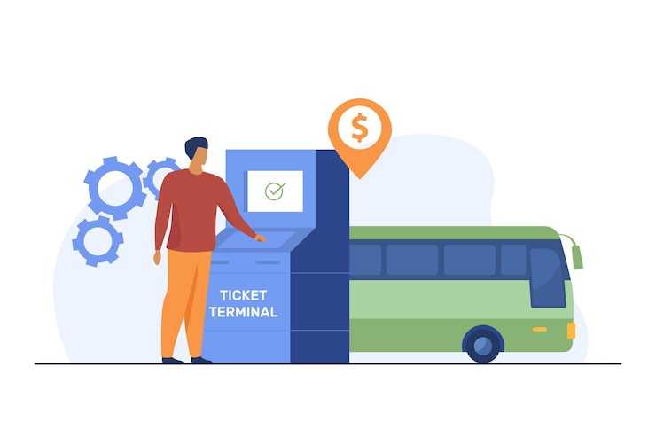 Vector Gratis pria membeli tiket bus melalui terminal