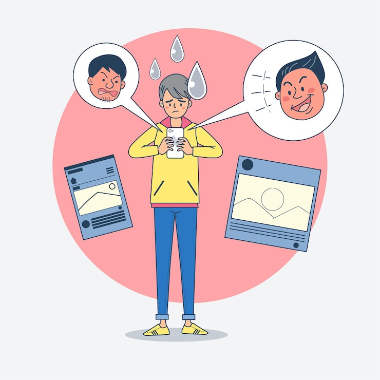 Vector Gratis pria muda terisolasi besar berdebat di media sosial dengan reaksi wajah yang berbeda.