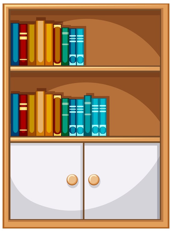 Vector Gratis rak buku dengan buku dan lemari