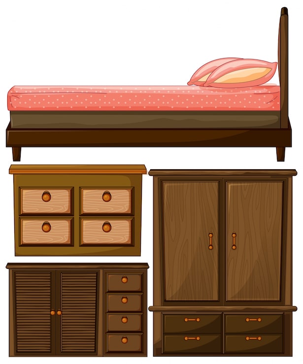 Vector Gratis set furnitur kayu tempat tidur dan lemari