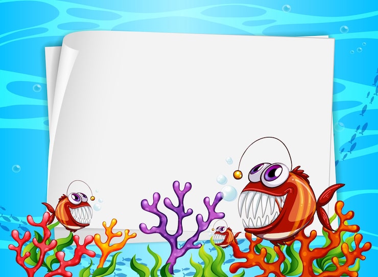 Vector Gratis spanduk kertas kosong dengan ikan eksotis dan elemen alam bawah laut di latar belakang bawah laut