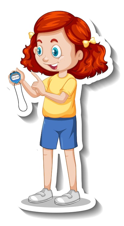 Vector Gratis stiker karakter kartun dengan gadis pelatih olahraga memegang pengatur waktu