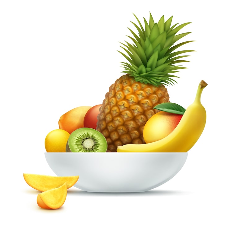 Vector Gratis vektor piring penuh buah-buahan tropis nanas, kiwi, mangga, pepaya, pisang terisolasi pada latar belakang putih