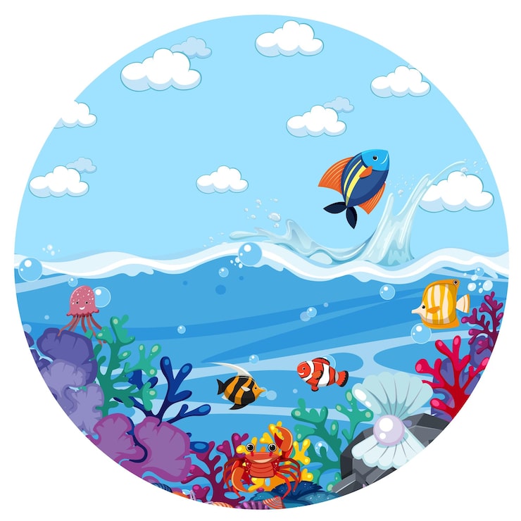 Vector adegan percikan air dengan ikan di atas latar belakang putih