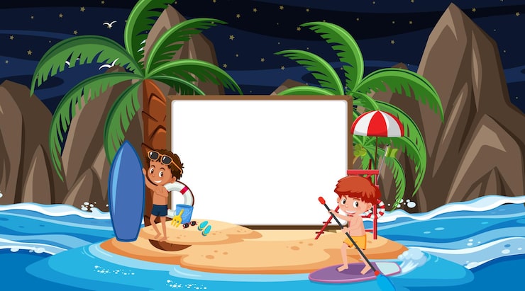 Vector anak-anak berlibur di pantai adegan malam dengan templat spanduk kosong
