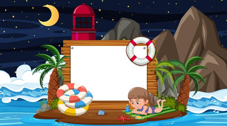 Vector anak-anak berlibur di pantai adegan malam dengan templat spanduk kosong