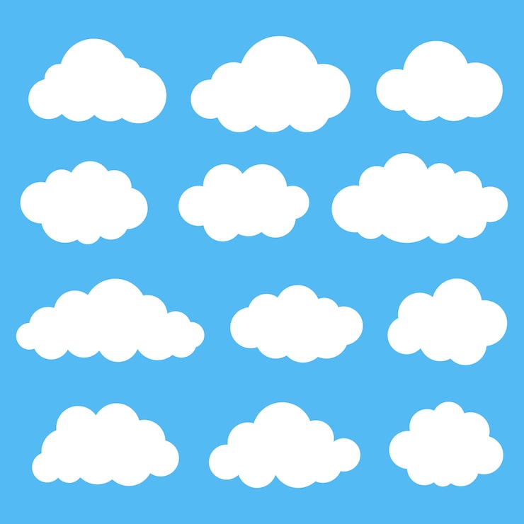 Vector awan putih di set latar belakang biru.