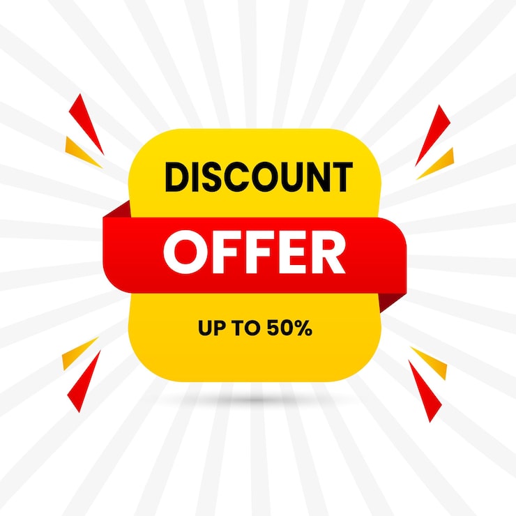 Vector banner penawaran diskon dengan pita merah dan diskon 50%