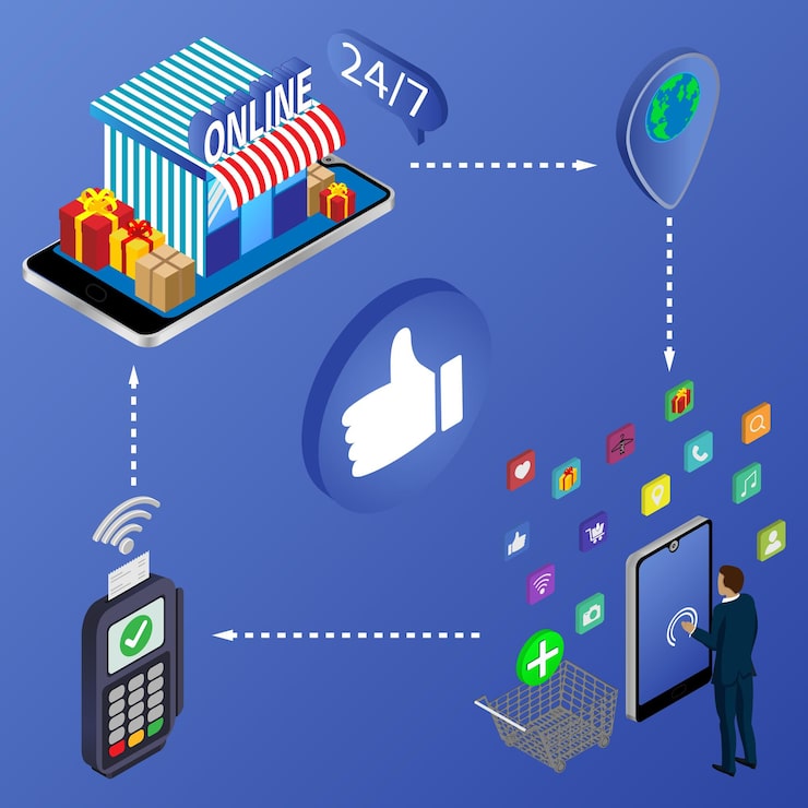Vector belanja online isometrik .desain modern isometrik 3d datar pembayaran seluler konsep belanja online dan e-commerce