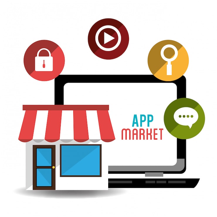 Vector desain aplikasi seluler e-commerce dan pasar.