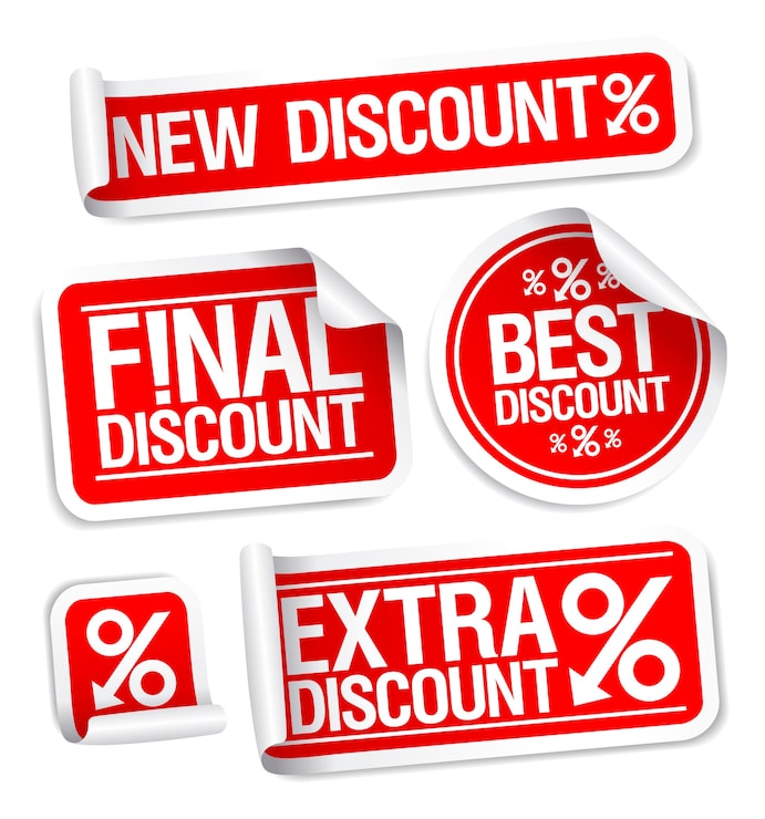 Vector diskon baru, diskon akhir, set stiker diskon ekstra dan terbaik