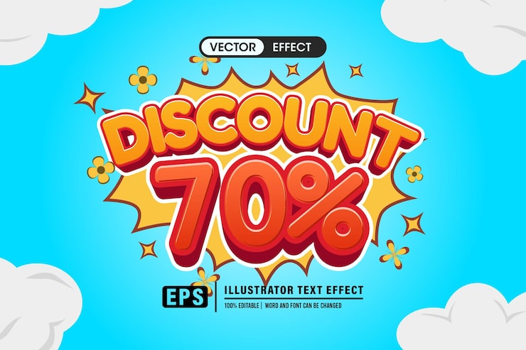 Vector efek teks 3d diskon 70 yang dapat diedit