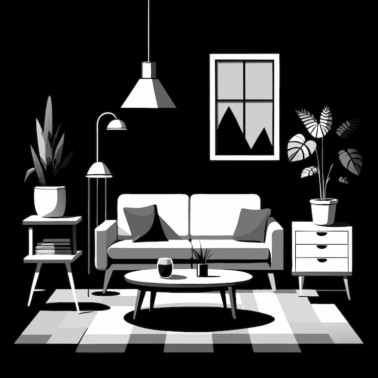 Vector gambar hitam putih ruang tamu dengan sofa dan jendela