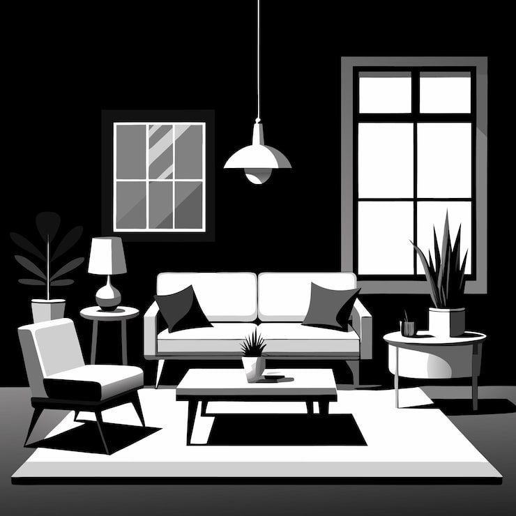 Vector gambar hitam putih ruang tamu dengan sofa dan lampu