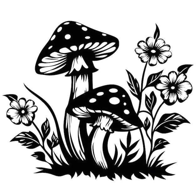 Ilustrasi Jamur dengan Bunga Liar dalam Hitam dan Putih