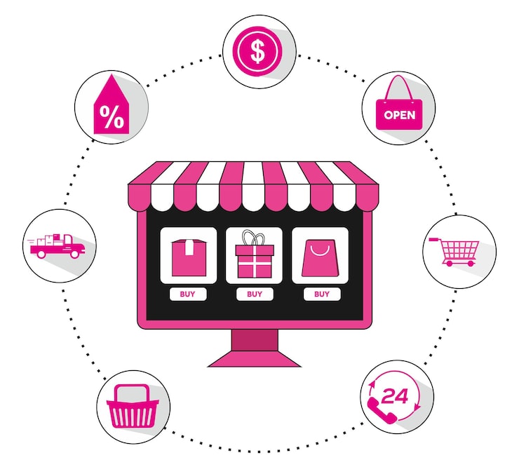 Vector konsep belanja online dengan ikon e-commerce