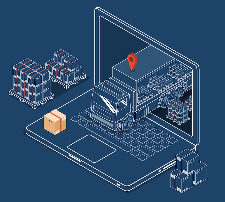 Vector konsep logistik dengan pengiriman ekspres dengan truk di layar laptop komputer