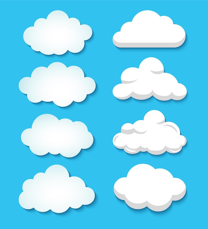 Vector kumpulan bentuk awan putih dengan bayangan tipis di langit biru