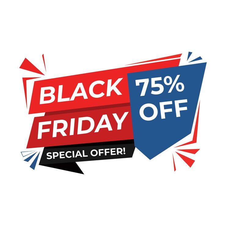 Vector label promosi dinamis black friday diskon 75%