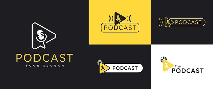 Vector logo mikrofon obrolan putar segitiga podcast