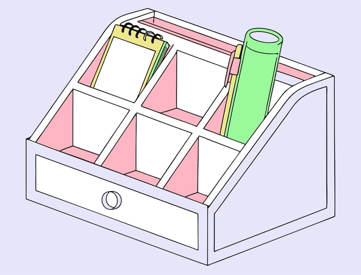 Vector penyelenggara meja profesional pink pastel dan ungu desain 6 kompartemen untuk organisasi kantor &