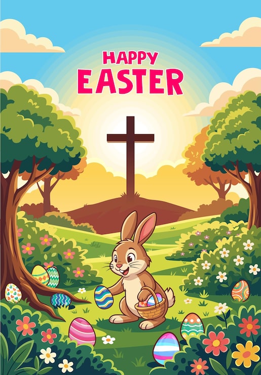 Vector perayaan paskah ceria dengan telur kelinci dan salib di lanskap musim semi