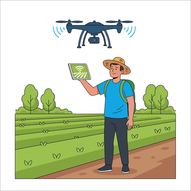 Vector petani menggunakan drone dan tablet untuk teknologi pertanian presisi