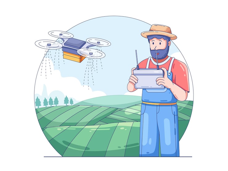 Vector petani mengoperasikan drone di atas ladang yang dibudidayakan konsep pertanian modern