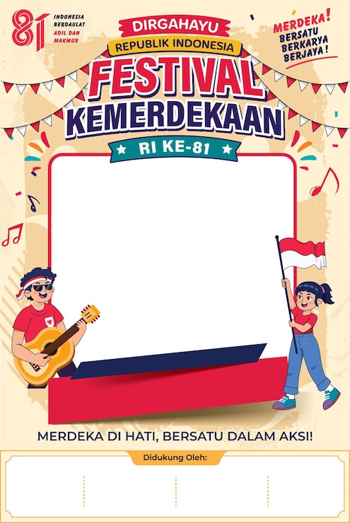 Vector poster festival hari kemerdekaan indonesia dengan permainan tradisional, bendera merah putih, dan anak-anak ceria