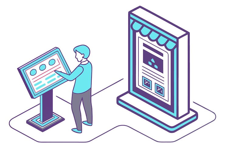 Vector pria dengan kios interaktif dan layar digital