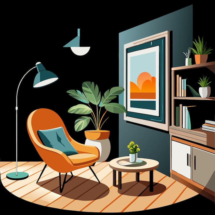 Vector ruang keluarga yang nyaman dengan kursi berlengan yang nyaman, meja samping, lampu lantai, tanaman hias, rak buku, dan karya seni di dinding