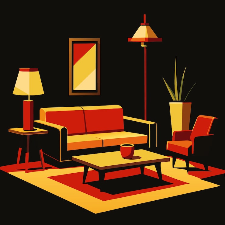 Vector ruang tamu dengan sofa, meja, dan lampu