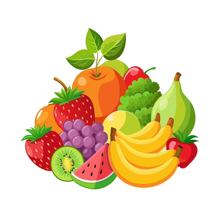 Vector sebuah gambar mangkuk buah dengan buah-buahan dan sayuran