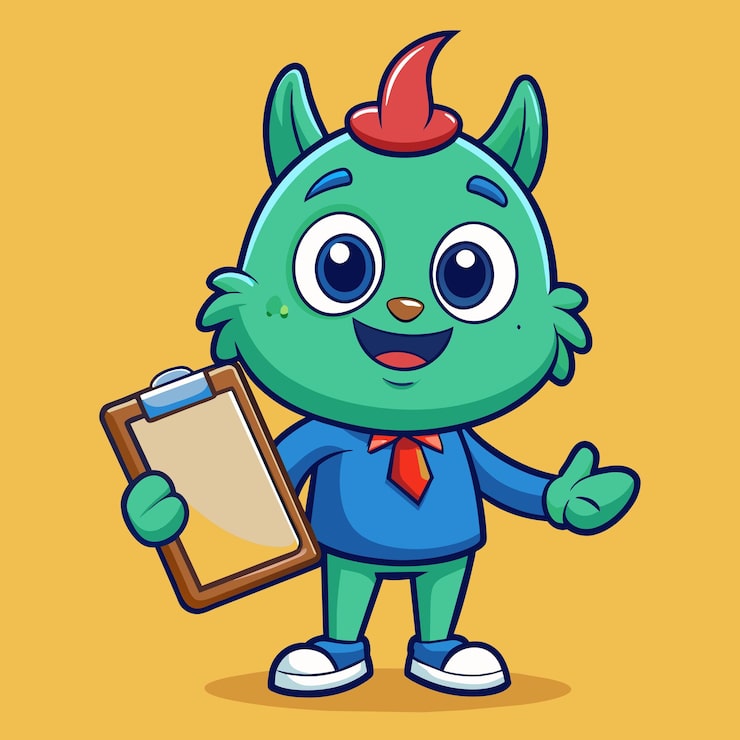 Vector sebuah karakter kartun dengan kemeja biru dan tanduk merah memegang clipboard
