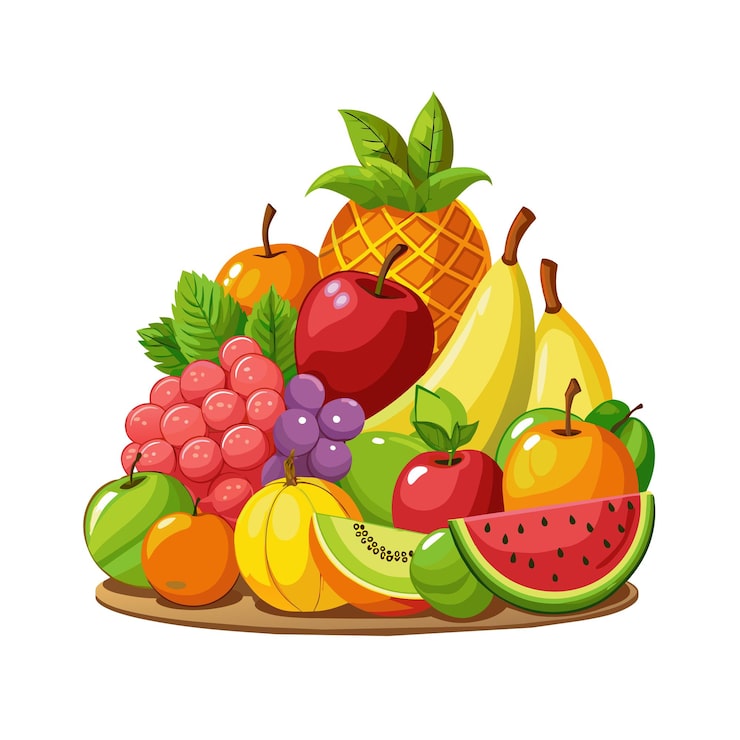 Vector sekelompok buah yang ada di atas piring kayu