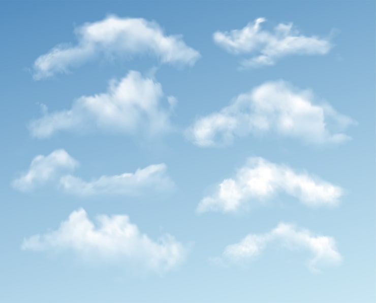 Vector set awan berbeda transparan pada latar belakang biru. efek transparansi nyata.