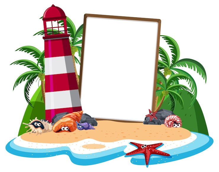 Vector templat banner kosong di pulau dengan mercusuar terisolasi