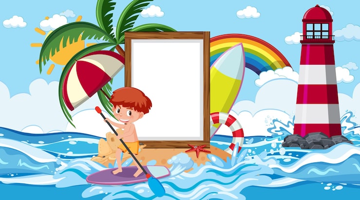 Vector templat spanduk kosong dengan anak-anak berlibur di pantai pada siang hari