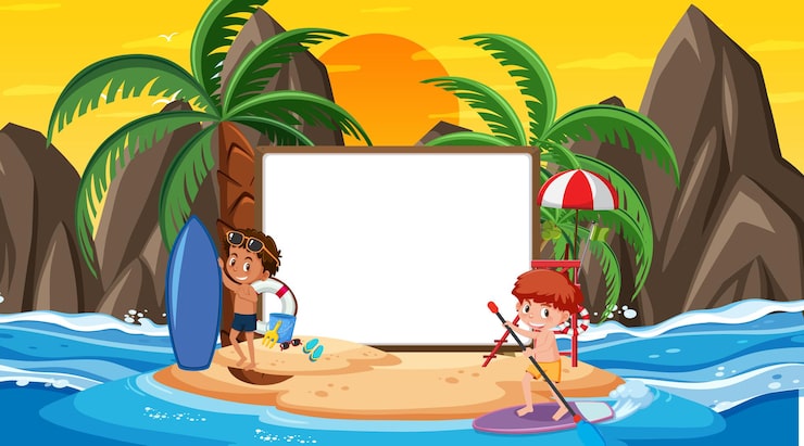 Vector templat spanduk kosong dengan anak-anak berlibur di pemandangan matahari terbenam di pantai