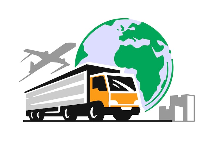 Vector truk pengiriman global dengan pesawat terbang