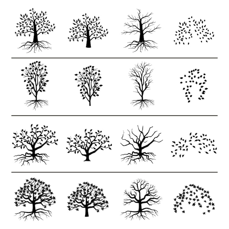 Kostenlose Vektor bäume mit wurzeln, laub und abgefallenen blättern lokalisiert auf weißem hintergrund. schattenbild der baum- und blattmonochromillustration