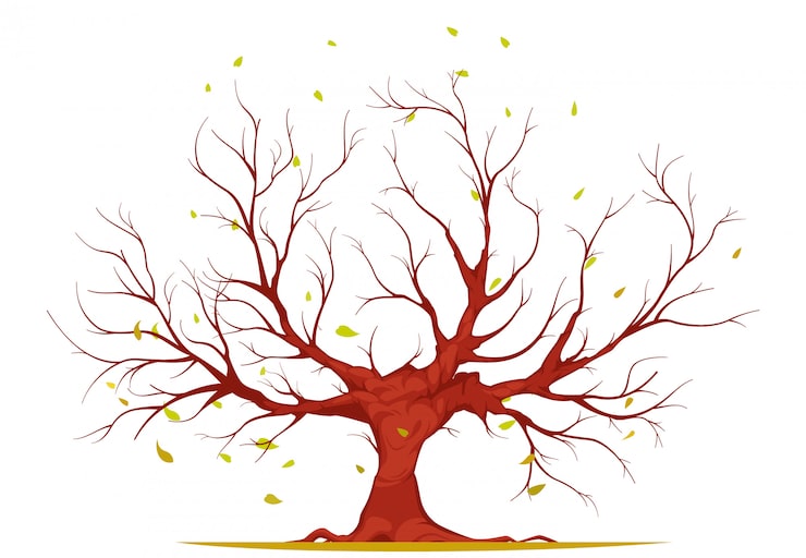 Kostenlose Vektor baum mit niederlassungen und wurzeln, fallende blätter, auf weißem hintergrund, illustration
