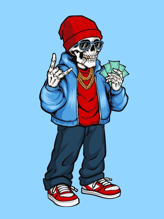 Kostenlose Vektor coole streetwear-skelett-figur mit sonnenbrille, beanie, bargeld und goldketten illustration