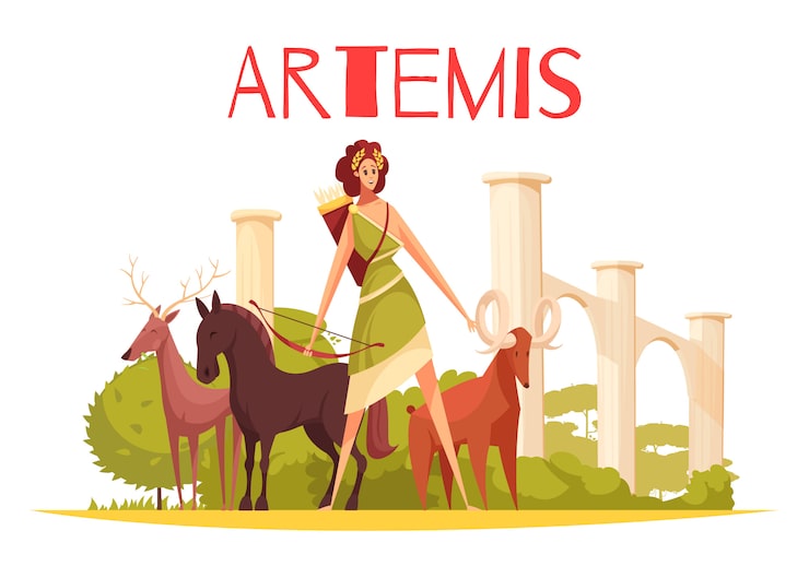 Kostenlose Vektor flache zusammensetzung der griechischen göttin mit den zeichentrickfilm-figuren der artemis bogen und gruppe der tierillustration halten